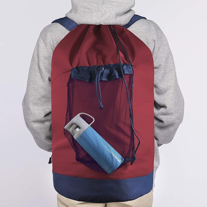 Dalykate Backpack Laundry Bag, Laundry Backpack with Shoulder Straps and Mesh Pocket Durable Nylon Clothes Hamper Bag with Drawstring Closure Red