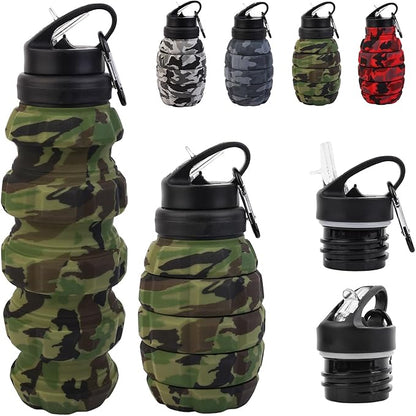 Collapsible Travel Water Bottle18oz, Reuseable Silicone Foldable Water Bottles for Gym Camping Hiking, Portable Leak Proof Sports Water Bottle with rugby Carabiner (Green)