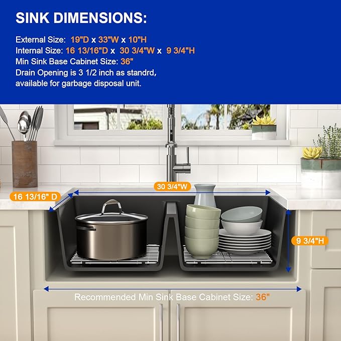 Dcolora 33 inch Quartz Matte Black Granite Composite Double Bowl Undermount Kitchen Sink Basin Deep 50/50 Split, DC-GU7761