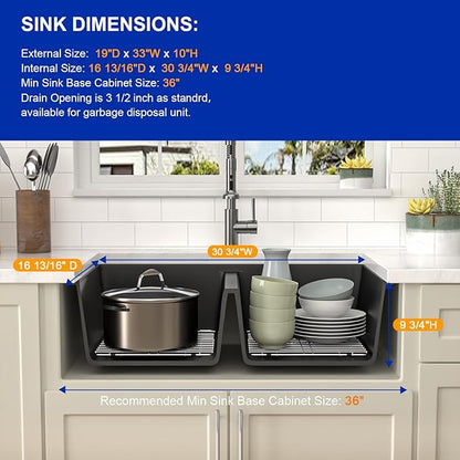 Dcolora 33 inch Quartz Matte Black Granite Composite Double Bowl Undermount Kitchen Sink Basin Deep 50/50 Split, DC-GU7761