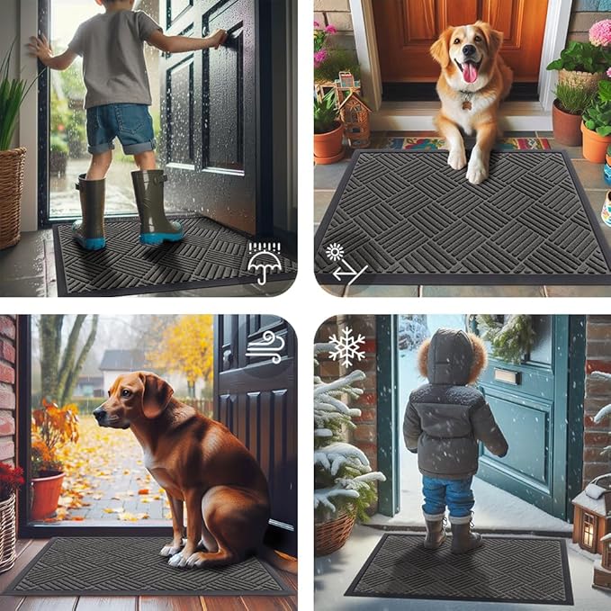 Smiry Front Door Mat Outside Entrance, Heavy Duty Outdoor Indoor Natural Rubber Doormat, Non Slip, Trap Dirt and Moisture, Easy Clean, Low Profile Patio Porch Entryway Mat, 47x32, Grey