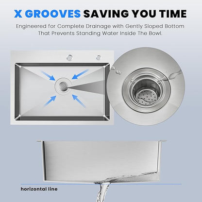 POPFLY 25×18 Inch Drop in Kitchen Sink, 18 Guage Stainless Steel 9 Inch Deep Sink, 25 Inch Top mount Kitchen Single Bowl 2 Holes Sink, Brushed Nickel