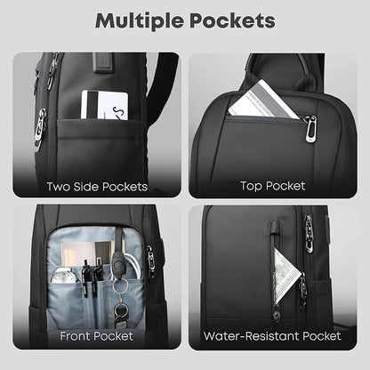 Crossbody Sling Bag for Men, Waterproof Sling Crossbody Backpack with USB Charging Port, Anti Theft Chest Shoulder Hiking Bags Daypack for Commute, Work, Sport, Travel - Black