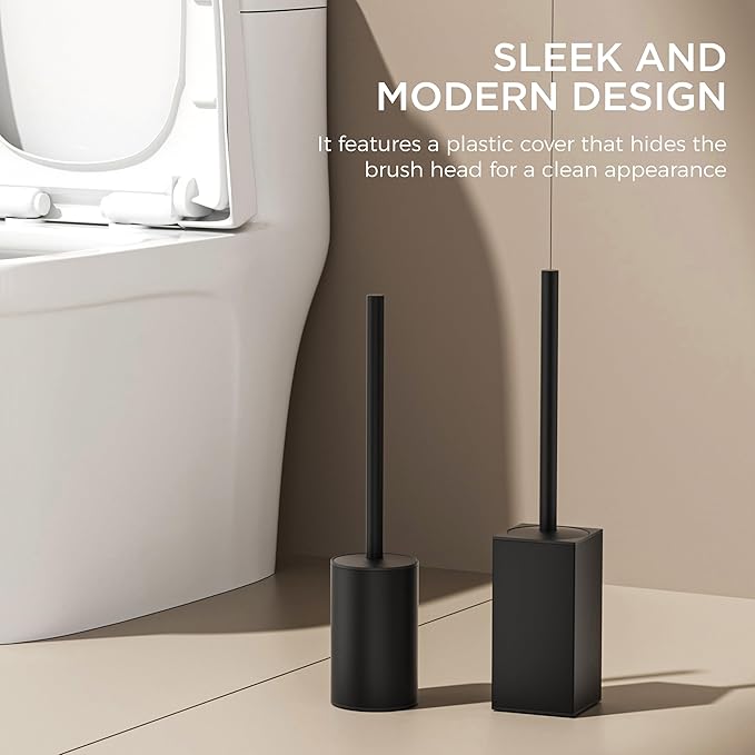 FORIOUS Toilet Brush and Holder Set, 304 Stainless Steel Heavy Duty Base and Handle for Bathroom Deep Cleaning, Toilet Bowl Cleaners Brush with Holder, Space Saving for Storage, Matte Black