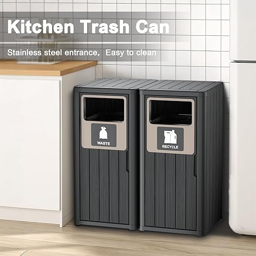 Outdoor Double Barrel Trash Can,Waterproof Resin Garbage Can with Garbage Labels,Durable Waste Bin for Porch, Backyard,Kitchen,for 30 to 39 Gallon Trash Bags