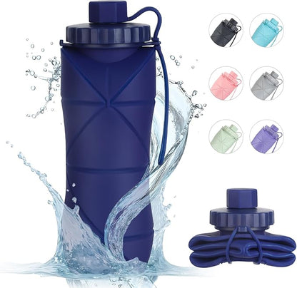 YCT Collapsible Silicone Travel Water Bottle 20oz (600ml), Reuseable Leakproof BPA Free Foldable Sports Bottle, with Carrying Strap, Dark Blue
