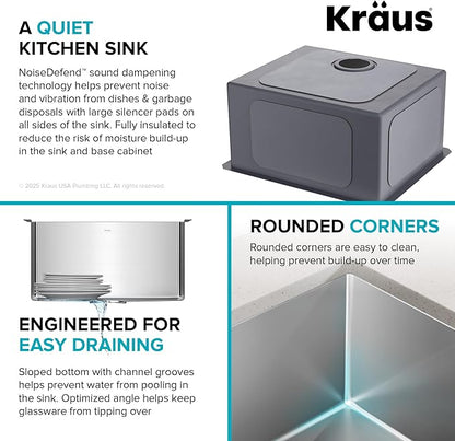 Kraus KHU101-21 Standart PRO 16 Gauge Undermount Single Bowl Set (4 Item Bundle: Sink, Bottom Grid, Drain Assembly, Kitchen Towel), 21 Inch, Stainless Steel