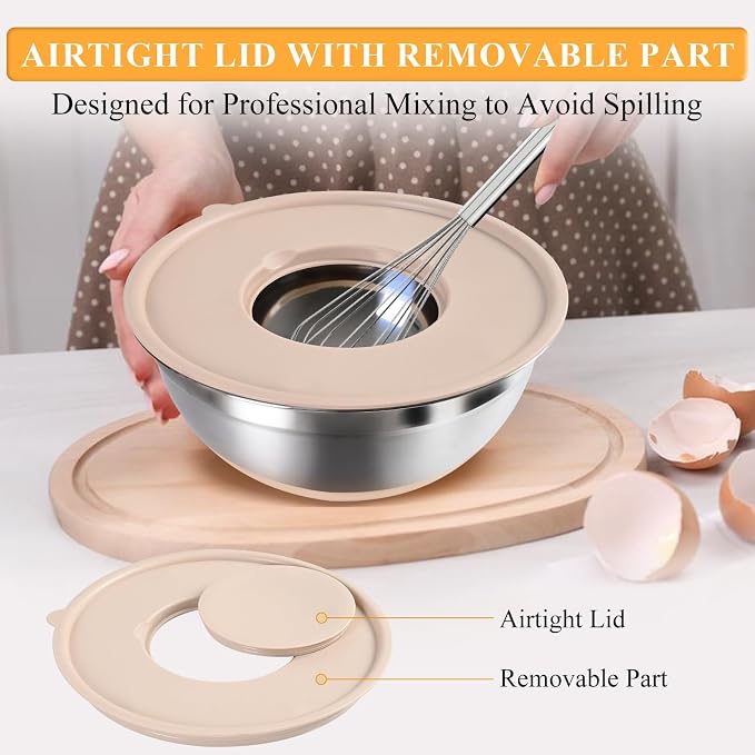 Mixing Bowls with Airtight Lids Set, 6 Stainless Steel Bowls, 3 Grater - Image 4