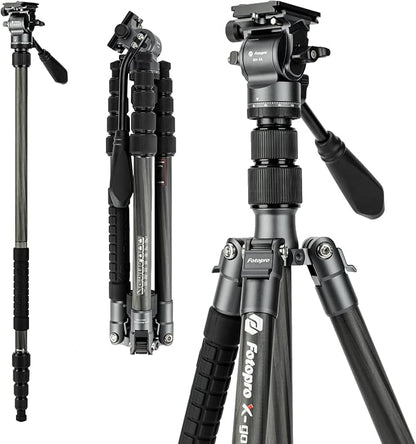 Fotopro 59" Carbon Fiber Travel Tripod, Compact Video Tripods with Fluid Head, Detachable Monopod with Quick Release Plate and Bag, Camera Tripod Load up to 8KG/17.63lbs