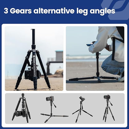 Fotopro 59" Carbon Fiber Travel Tripod, Compact Video Tripods with Fluid Head, Detachable Monopod with Quick Release Plate and Bag, Camera Tripod Load up to 8KG/17.63lbs