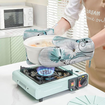 Teal Daisy Oven Mitts Pot Holders Set Silicone Heat Resistant Farm Teal Daisy - Image 6