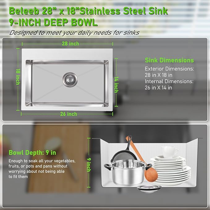 Drop In Kitchen Sink 28x18", 9" Basin Depth, 18 Gauge Stainless Steel Sink, 3D Embossed Surface Finish Top Mount with Accessories