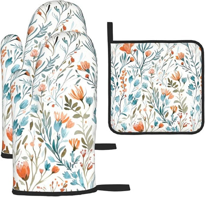 Teal Orange Watercolor Floral Oven Mitts and Pot Holders Sets of 3, Heat by Unknown