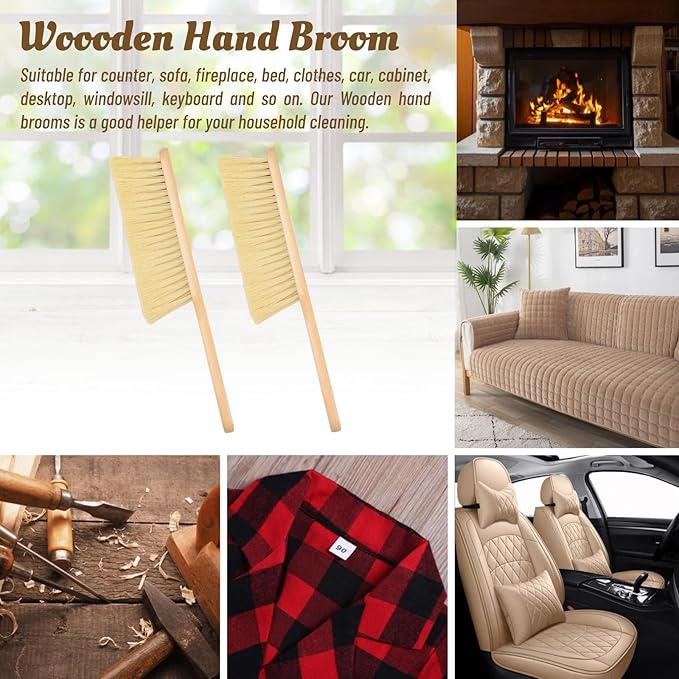 2 Pieces Woooden Dust Brush Hand Broom Bench Brush with Long Wood Handle Whisk Broom Soft Bristle Brush for Counter Bed Sofa Car Fireplace Clothes Household Cleaning(Khaki)