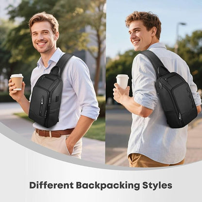 Crossbody Sling Bag for Men, Waterproof Sling Crossbody Backpack with USB Charging Port, Anti Theft Chest Shoulder Hiking Bags Daypack for Commute, Work, Sport, Travel - Black