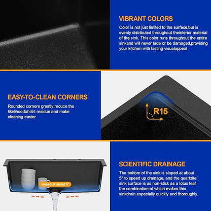 Dcolora 33x22 Drop In Kitchen Sink Black, Granite Composite Black Kitchen Sink Multifunctional Topmount Large Single Bowl Workstation Sinks #DC-0001GBT, 33" x 22" x 10"