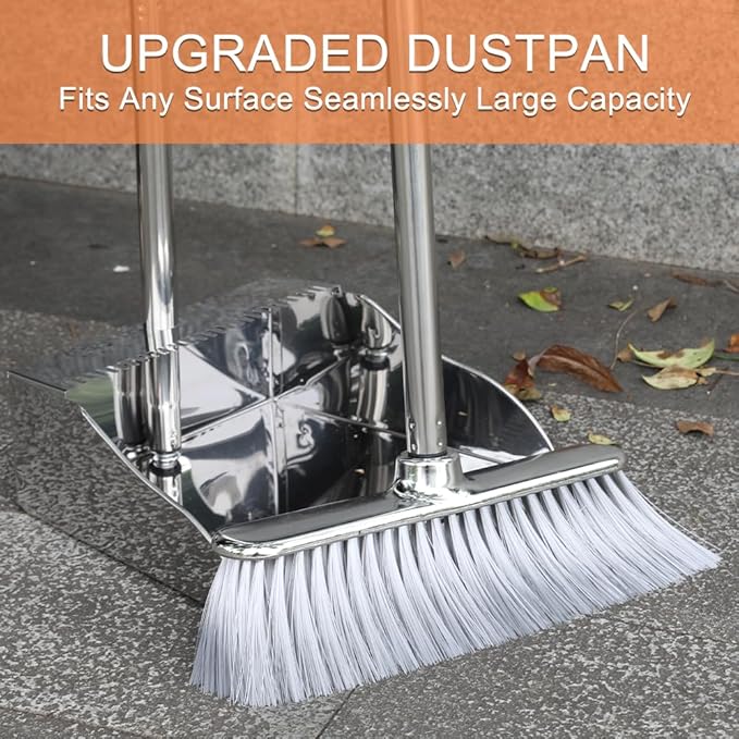 Broom and Dustpan Set,Soft Bristles Indoor Kitchen Broom with Stainless Steel Dustpan ，Metal Dust Pan，Silvery White, Suitable for Ceramic Tiles, Solid Wood, Composite Flooring