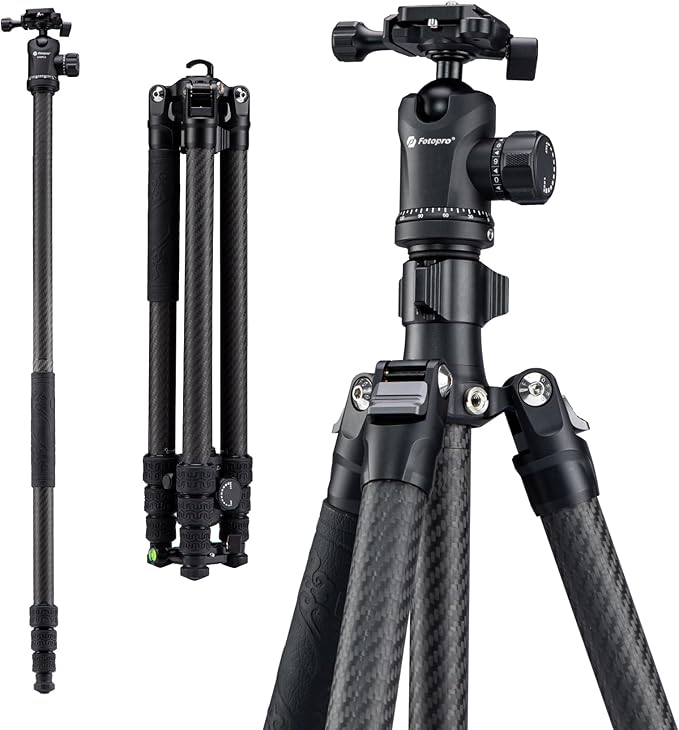Fotopro Carbon Fiber Tripod 64 Inch 360 Degree Ball Head Quick Release Plate Camera Tripod Compatible with Canon Nikon Sony DSLR Camcorder, Black