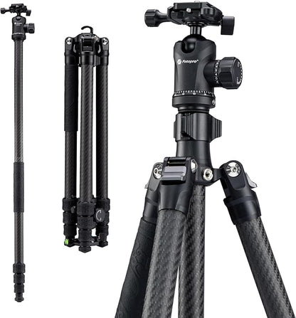 Fotopro Carbon Fiber Tripod 64 Inch 360 Degree Ball Head Quick Release Plate Camera Tripod Compatible with Canon Nikon Sony DSLR Camcorder, Black