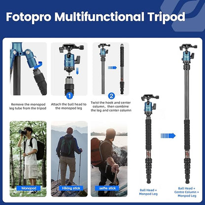 Fotopro 59" Carbon Fiber Travel Tripod, Compact Camera Tripod with Ball Head, Detachable Monopod with Quick Release Plate and Bag, Load up to 8KG/17.63lbs, Blue