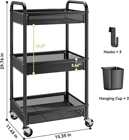 YASONIC 3 Tier Rolling Cart – Metal Utility Storage Cart - Image 6