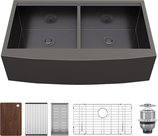 36-Inch Undermount Kitchen Sink Workstation, 16 Gauge Stainless Steel Double Bowl Kitchen Sink with Cutting Board, Drying Rack, Roll-Up Rack and Drain Assembly