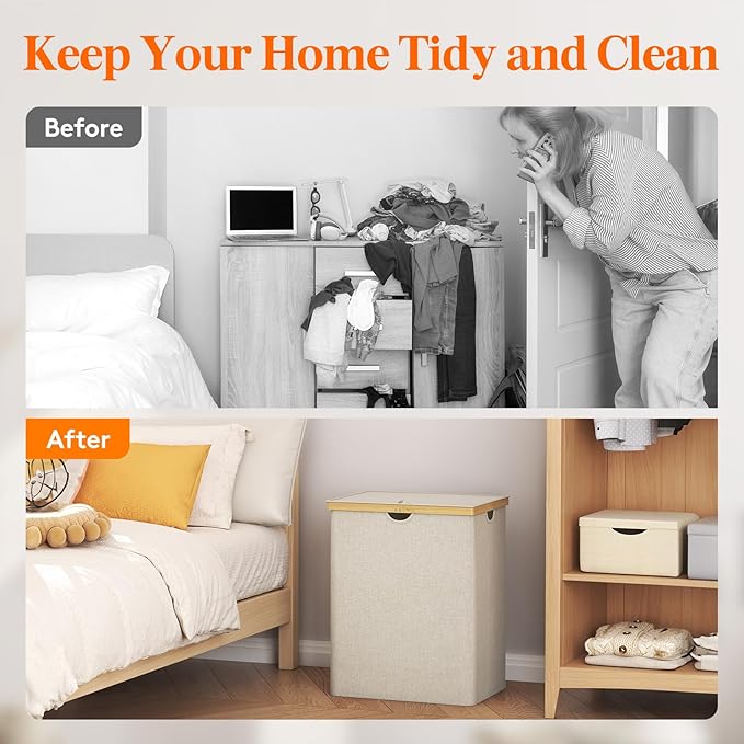 Lifewit 120L Double Laundry Hamper with Lid, Extra Large Bamboo Laundry Basket Dirty Clothes Hamper, 2 Section Laundry Bin Organizer for Laundry Room Bedroom with 2 Removable Liners & Bags, Beige