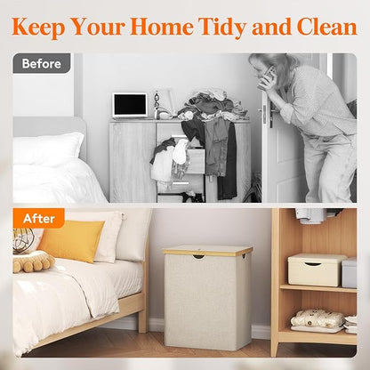 Lifewit 120L Double Laundry Hamper with Lid, Extra Large Bamboo Laundry Basket Dirty Clothes Hamper, 2 Section Laundry Bin Organizer for Laundry Room Bedroom with 2 Removable Liners & Bags, Beige