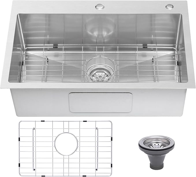 Drop In Kitchen Sink 28x18", 9" Basin Depth, 18 Gauge Stainless Steel Sink, 3D Embossed Surface Finish Top Mount with Accessories