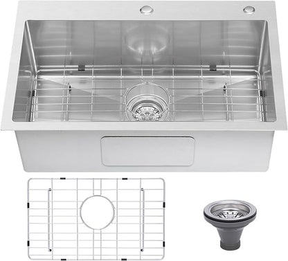 Drop In Kitchen Sink 28x18", 9" Basin Depth, 18 Gauge Stainless Steel Sink, 3D Embossed Surface Finish Top Mount with Accessories