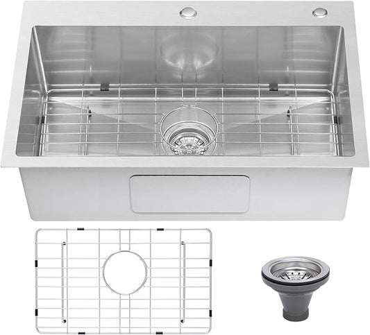 Drop In Kitchen Sink 28x18", 9" Basin Depth, 18 Gauge Stainless Steel Sink, 3D Embossed Surface Finish Top Mount with Accessories