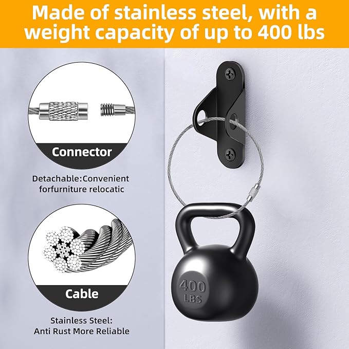 10-Pack Baby Proof Heavy Duty Furniture Anchors for Dressers, Bookcases and TV Cabinets 400LB Anti Tip Kit with Stainless Steel Hardware Shock Straps (Black)