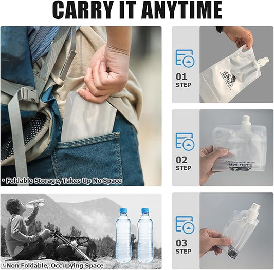 1L Hiking Collapsible Water Bottles, 6-Pack 33OZ BPA-Free Foldable Backpacking Water Bottle for Travel Camping Hiking