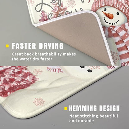 Giwawa Pink Snowman Dish Drying Mat Xmas Trees Bird Winter Snowy Scene Dish - Image 3