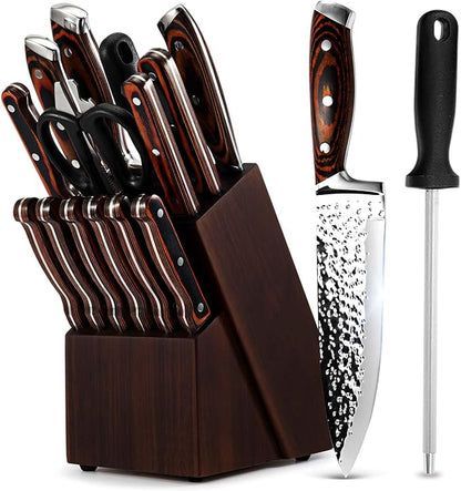 Kitchen Knife Sets with Block, 15-Piece High Carbon Stainless Steel Knife Block by KroWallu