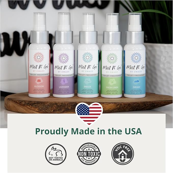 Mist N’ Go by Omaze Travel Bathroom Spray for Toilet Spray Odor Eliminator - Travel Toilet Spray for Bathroom Air Freshener Spray for Bathroom Deodorizer - Dream Regular Size (2oz x5)