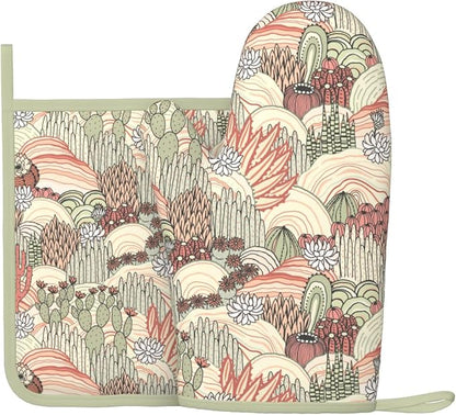 Cactus Succulent Silicone Oven Mitts Pan Mats Set of 2, Heat Resistant Gloves by Cayiibe