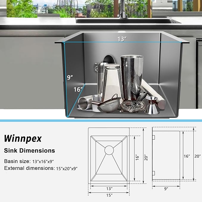 15x20 inch Drop in Bar Sink, 15 inch Small Kitchen Sink 18 Gauge Single Bowl Stainless Steel Topmount Bar Sink with Basket Strainer Drain & Bottom Grid
