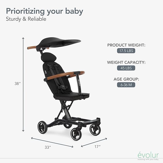 Evolur Cruise Rider Stroller with Canopy, Lightweight Umbrella Stroller with Compact Fold, Easy to Carry Travel Stroller - Noir Black