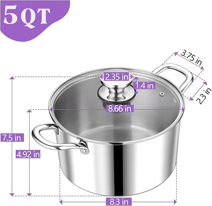 P&P CHEF 5 Quart Tri-Ply Stainless Steel Stock Pot, 5 Qt Stockpot Pasta Cooking - Image 2