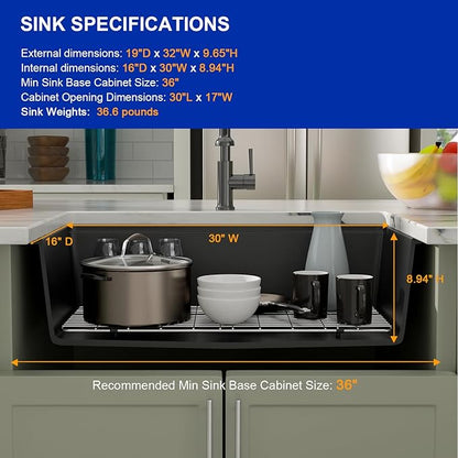 Dcolora 32 inches Granite Composite Kitchen Sink Workstation Black Undermount Single Bowl Large Kitchen Sink 32"W x 19"D x 10"H, DC-GU7741