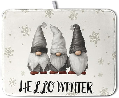 Winter Gnome Dish Drying Mat for Kitchen Counter 18x24 Christmas Snowflakes by Kwlegh