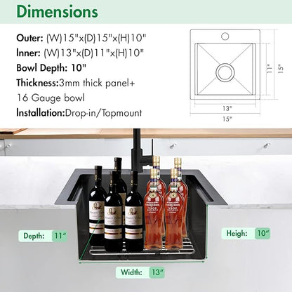 Kitchen Sink, 15 x 15 x 10 inch Kitchen Sinks Small Bar Prep Sink 16 Gauge Gunmetal Black Drop in Kitchen Sink Single Bowl Workstation Sink with Cutting Board