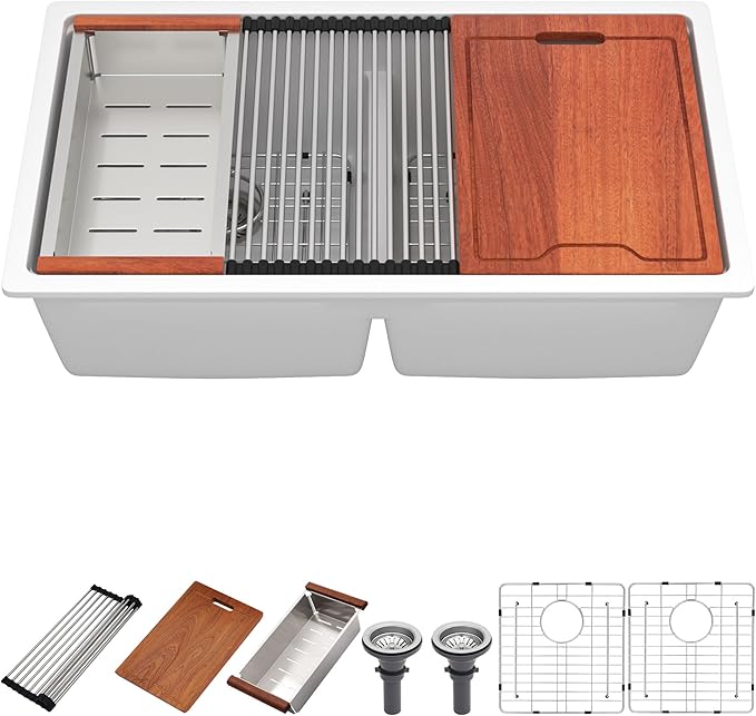 33 Inch Undermount White Granite Composite Kitchen Sink Under Counter Quartz Single Bowl Sink Workstation Sinks with Accessories Quick Drain Noise Reduction Home Renovation Classic Style