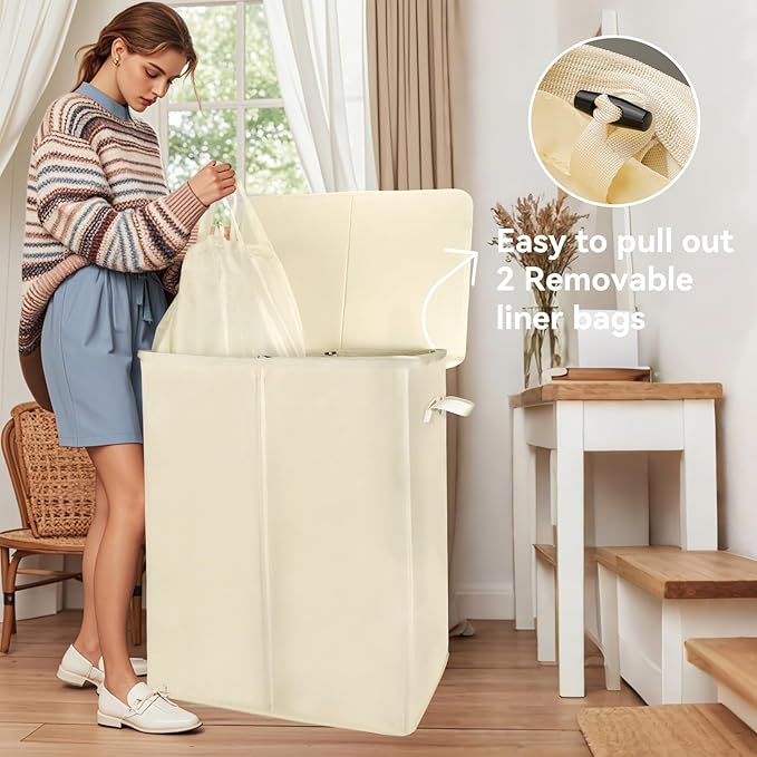 Voova 154L Double Laundry Hamper with Lid and 2 Removable Laundry Bags, Large Collapsible 2 Dividers Dirty Clothes Basket with Handles for Laundry Room, Bedroom, Bathroom, College Dorm, Beige
