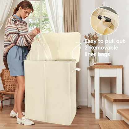 Voova 154L Double Laundry Hamper with Lid and 2 Removable Laundry Bags, Large Collapsible 2 Dividers Dirty Clothes Basket with Handles for Laundry Room, Bedroom, Bathroom, College Dorm, Beige