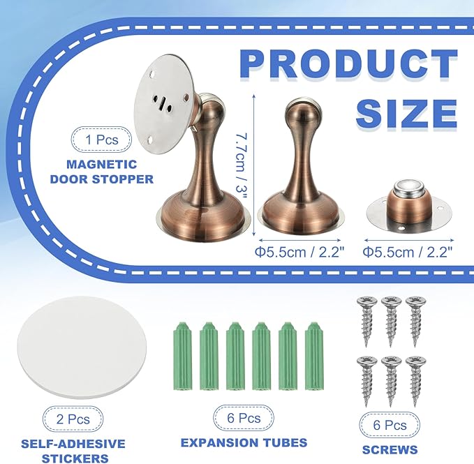 uxcell Magnetic Door Stopper, Stainless Steel Heavy Duty Door Holder, No Drilling Doors Knob Wall Protector with Self-AdhesiveTapes and Screws for Home Wall Floor Mounting, Red Bronze
