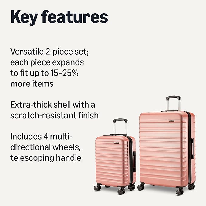 Amazon Basics 2-Piece Set (21", 30"), Hardshell Suitcases With Wheels, Expandable For Up to 25% More Space, With Scratch-Resistant Surface, Four Multi-directional Wheels, Rose Gold