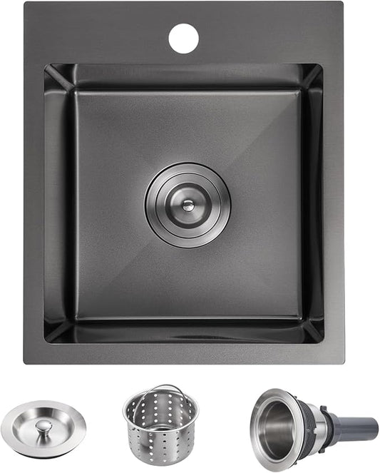 POPFLY Kitchen Sink, 15×17 Inch Drop In Black Small Kitchen Sinks, 18 Gauge Stainless Steel Bar Prep Rv Single Bowl Utility Sink, Fregaderos De Cocina Modernos