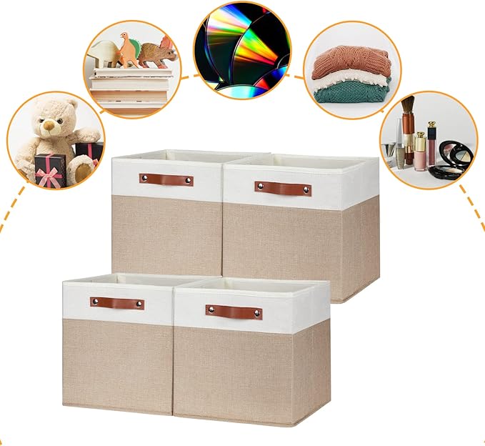 DULLEMELO Cube Storage Bins,13 x 13 x 13 inch Fabric Storage Cubes for Organizing,Collapsible foldable Linen Canvas Closet Storage Bins for Shelves Closet Bedroom Toys Home Office(White&Khaki-4 Pack)